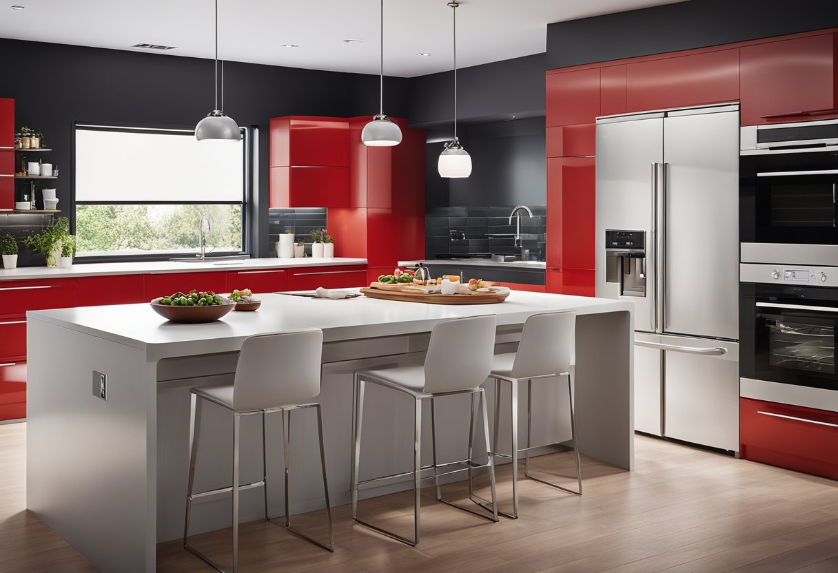 A modern red kitchen with sleek cabinets, stainless steel appliances, and a large island with bar stools. Bright overhead lighting and a minimalist design create a clean and vibrant space
