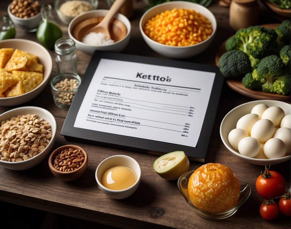 A table set with various keto-friendly foods and a printed menu, surrounded by kitchen utensils and ingredients