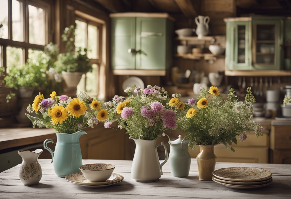 A vintage kitchen with distressed cabinets, floral curtains, and mismatched chairs. A worn wooden table is set with vintage dishes and a bouquet of wildflowers