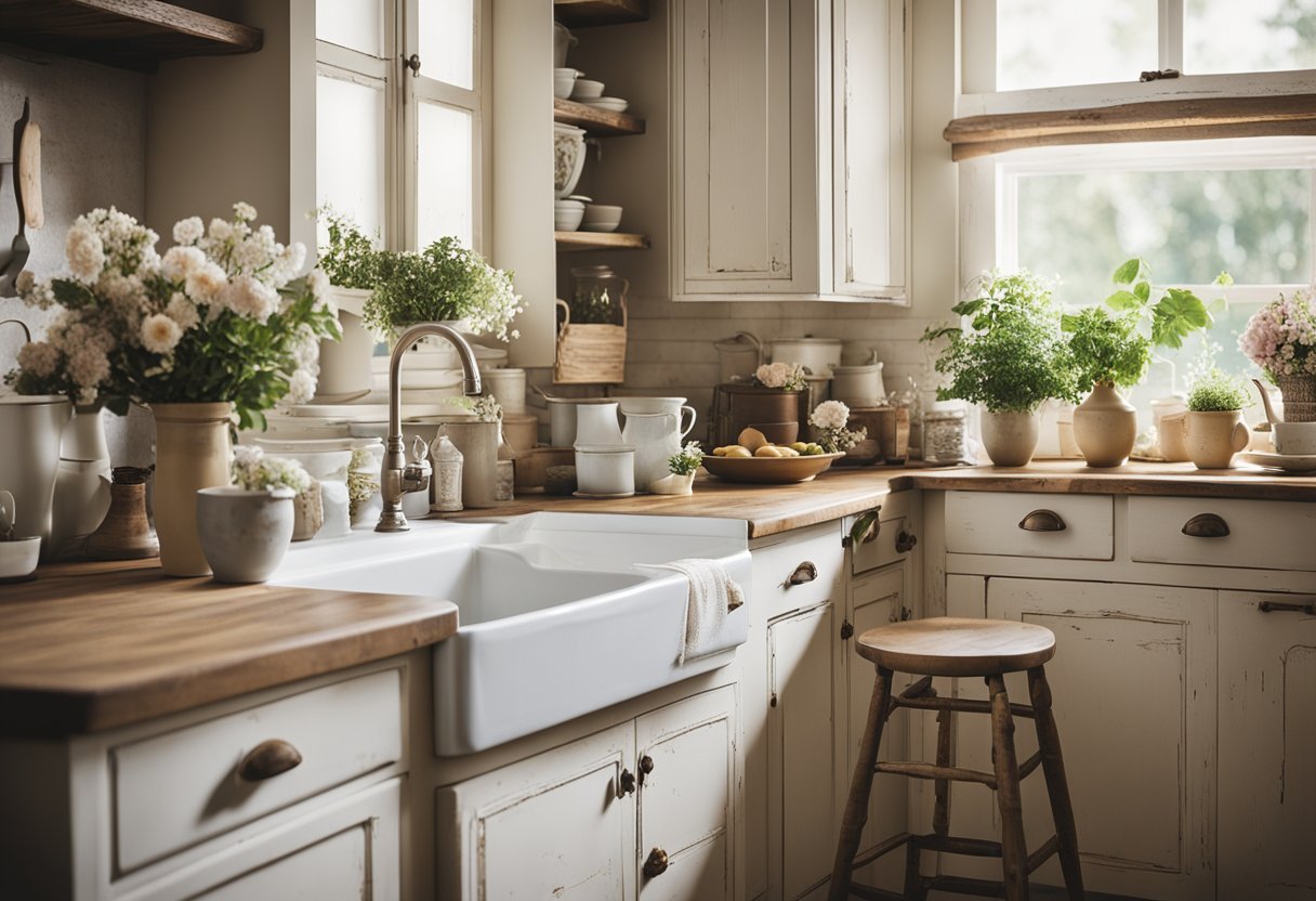 A cozy shabby chic kitchen with distressed white cabinets, vintage floral curtains, a farmhouse sink, and a weathered wooden table with mismatched chairs