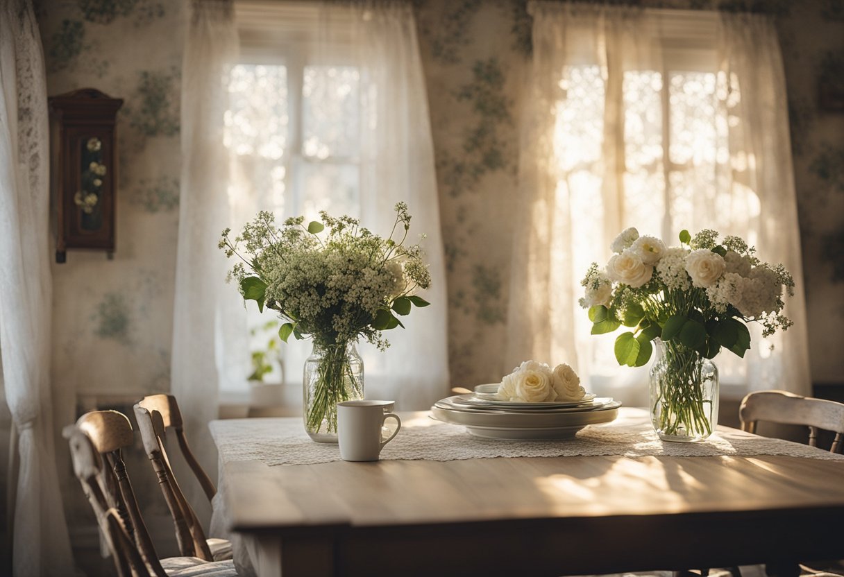 Sunlight streams through lace curtains, illuminating distressed white cabinets and vintage floral wallpaper. A worn farmhouse table is set with mismatched china and fresh flowers, creating a cozy, inviting atmosphere