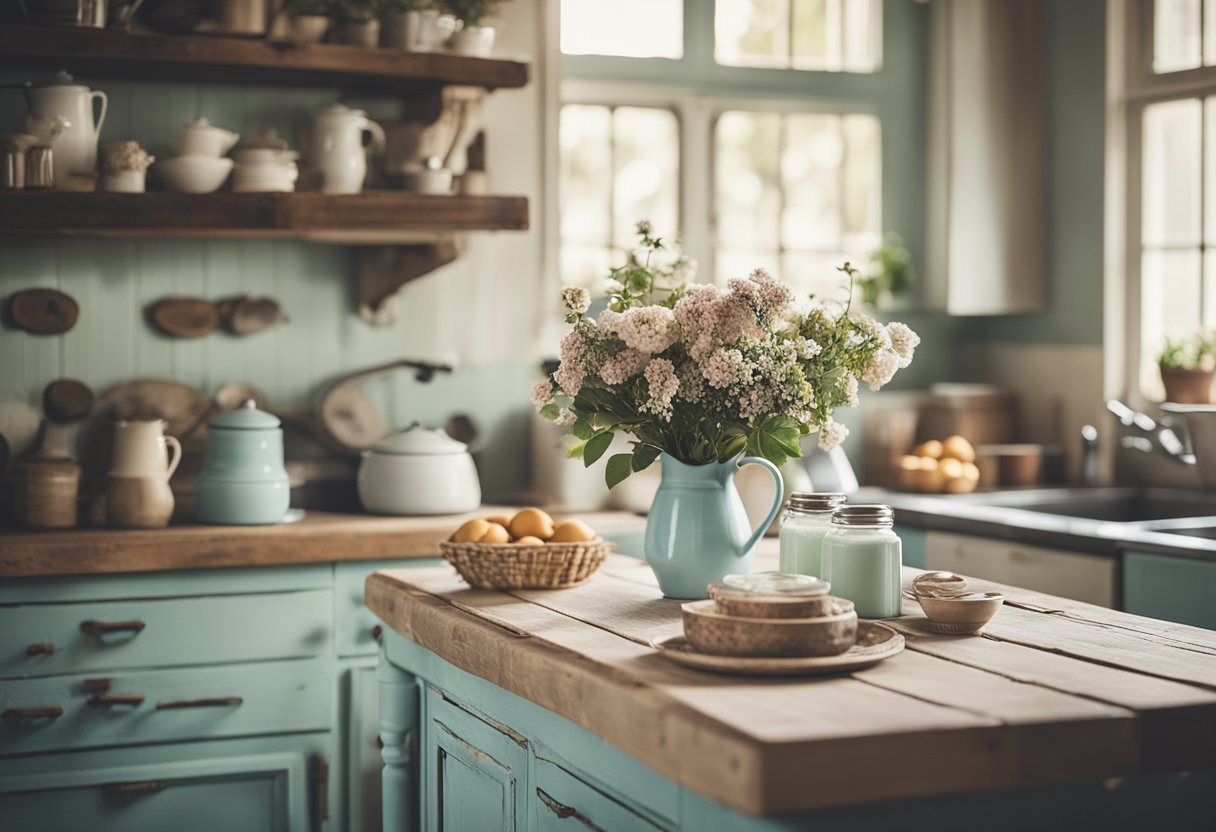 A cozy kitchen with vintage decor, distressed furniture, and floral accents. Soft pastel colors and rustic elements create a charming shabby chic ambiance