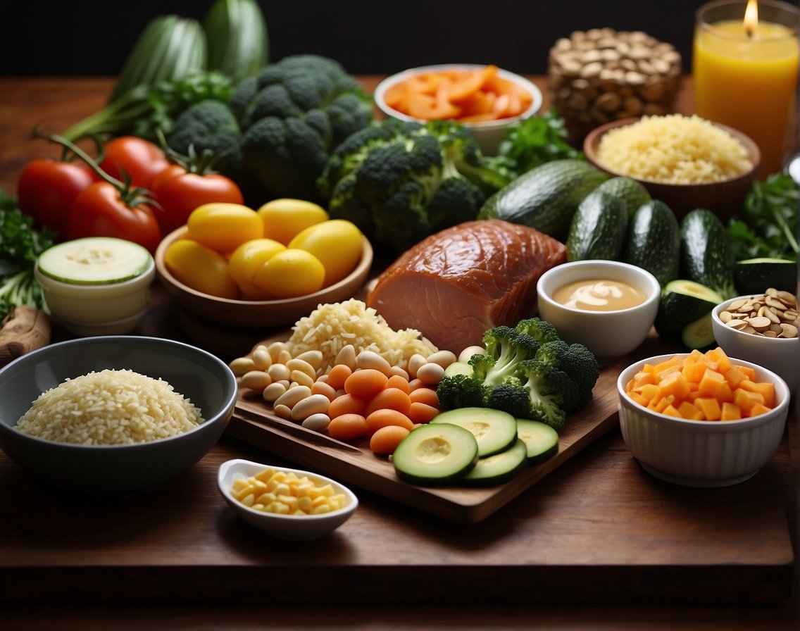 A table with a variety of ketogenic foods arranged in an organized manner, including low-carb vegetables, healthy fats, and high-quality proteins