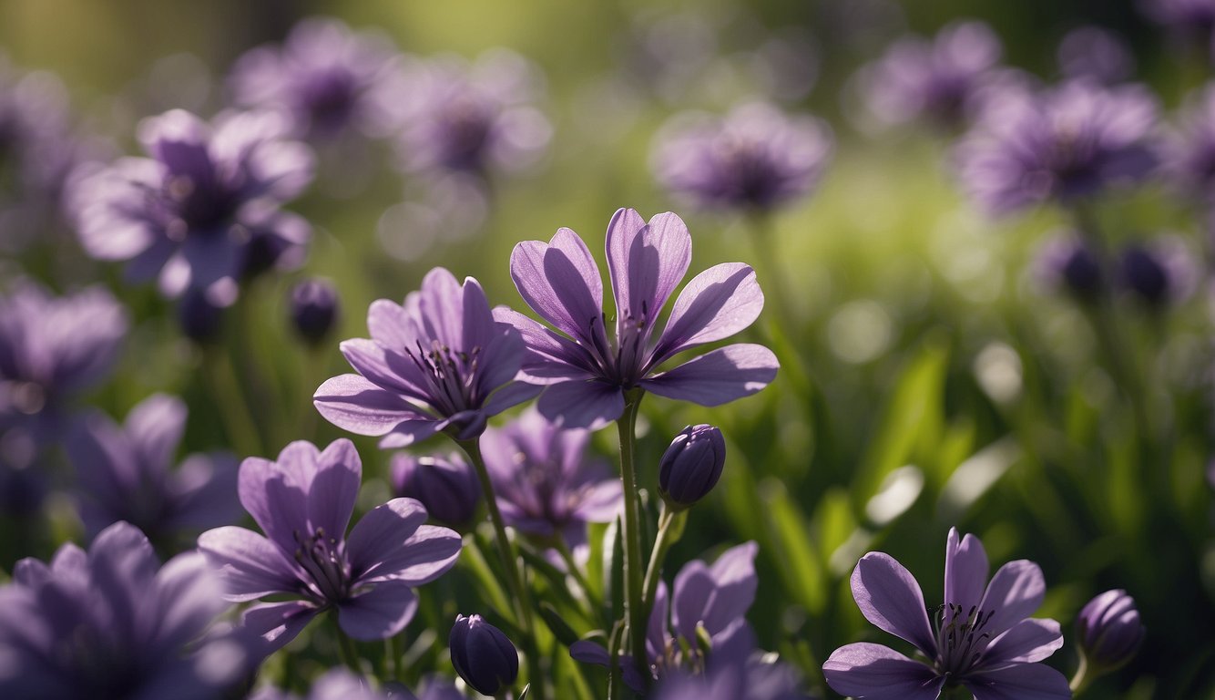 Vibrant purple spring flowers in a lush garden setting