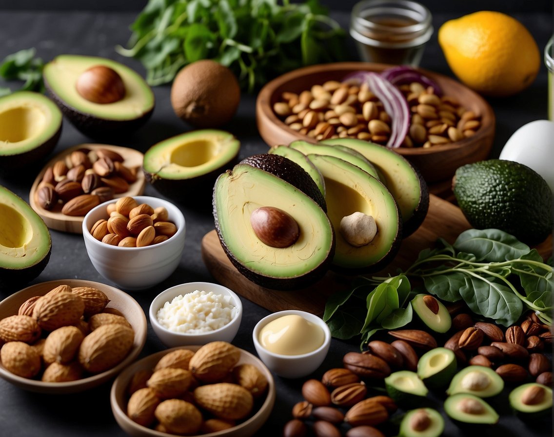A table filled with keto-friendly foods, including avocados, nuts, and leafy greens. A list of ketogenic foods is displayed next to the spread