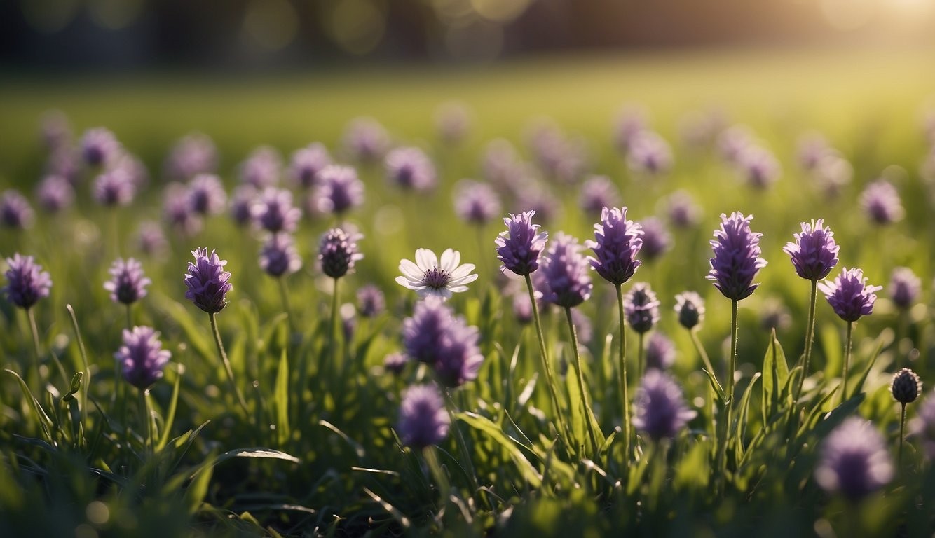 A field of purple spring flowers on green grass