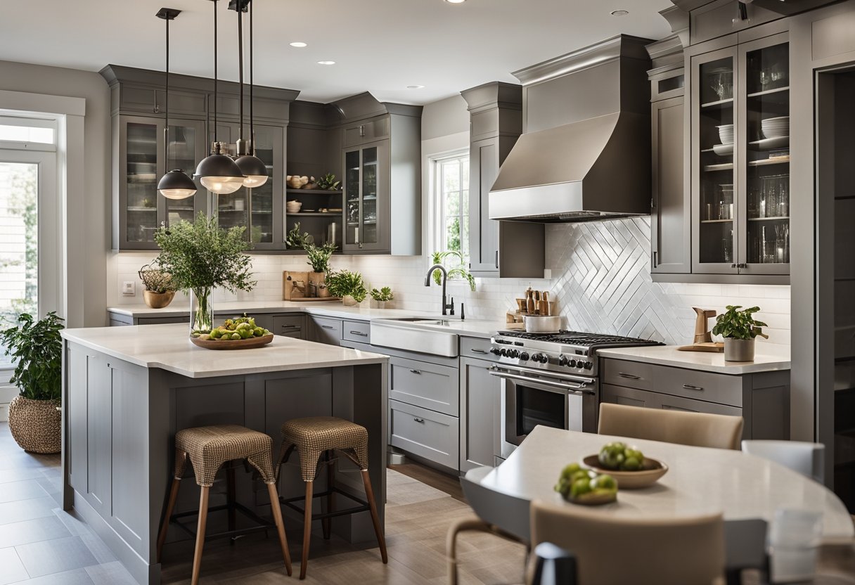 A small American kitchen with efficient layout, ample storage, and modern appliances. Open shelving, sleek countertops, and a neutral color palette create a functional and inviting space
