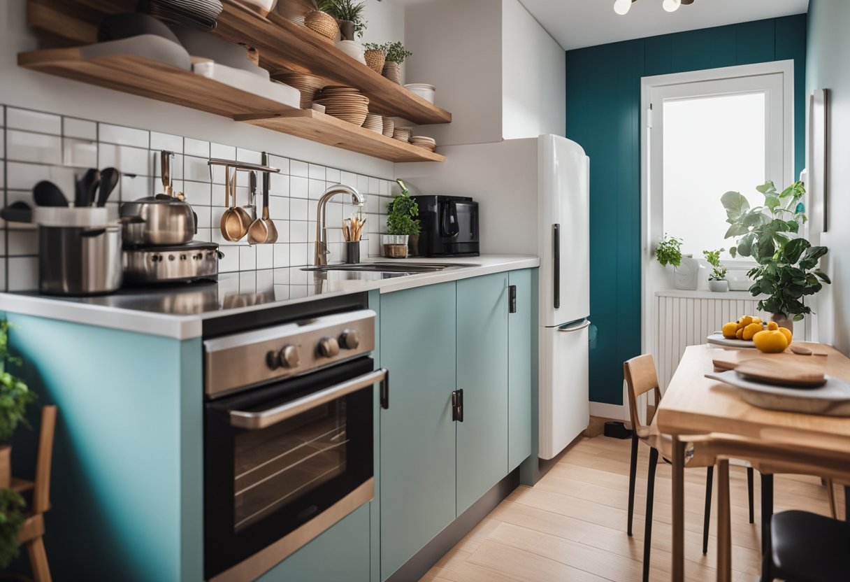 A cozy small American kitchen with bright colors, minimalistic design, and efficient use of space
