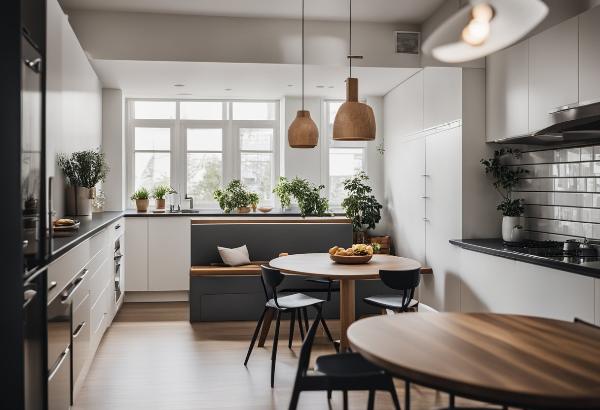 A small American kitchen with sleek, modern appliances, minimalistic design, and clever storage solutions. A cozy breakfast nook with a small table and chairs completes the space