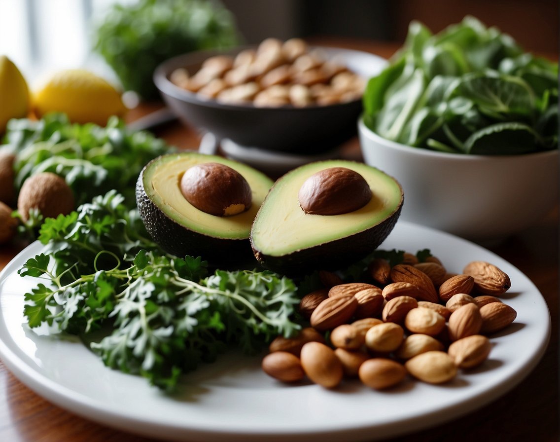 A table filled with low-carb, plant-based foods. Avocados, nuts, and leafy greens are arranged neatly, while a cookbook on ketogenic vegetarian recipes sits open nearby