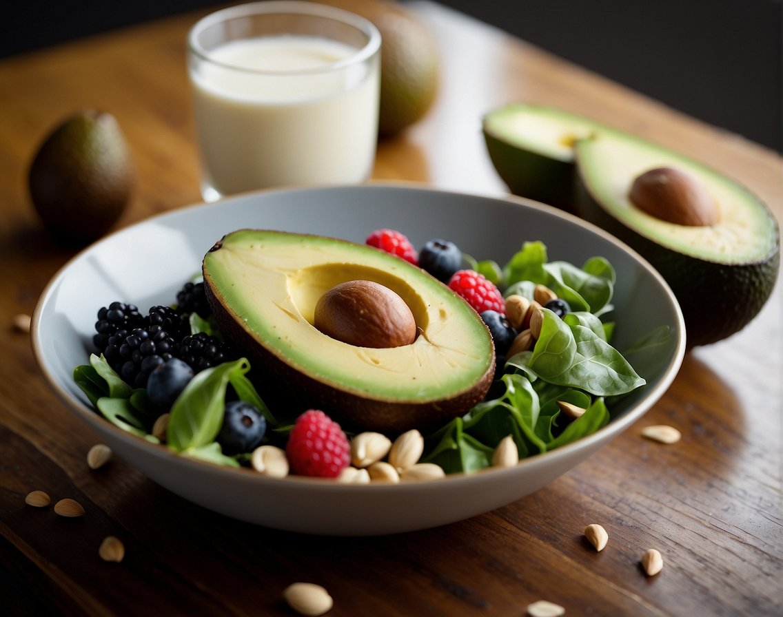 A table with a variety of low-carb, plant-based foods. A plate of avocado, nuts, seeds, and leafy greens. A bowl of berries and a glass of almond milk