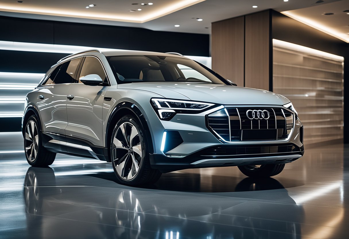 The Audi e-tron sits in a sleek, modern showroom. Bright lights illuminate its polished exterior, showcasing its electric power and German engineering