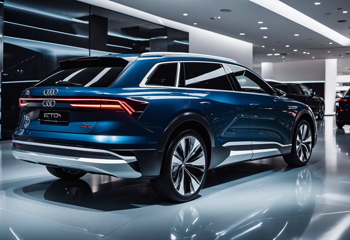 The Audi e-tron sits in a sleek, modern showroom, surrounded by futuristic lighting and clean lines. Its electric power is emphasized through bold, dynamic angles and a vibrant color palette