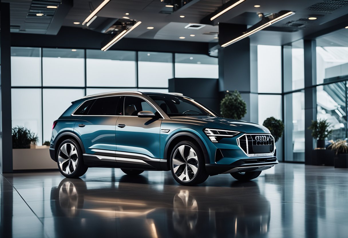 The sleek Audi e-tron sits in a futuristic, illuminated showroom, surrounded by cutting-edge technology and minimalist design elements