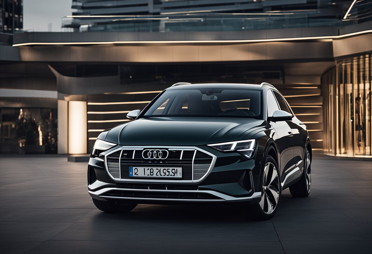 The Audi e-tron is showcased with sleek design and advanced electric performance, surrounded by German tuning house elements