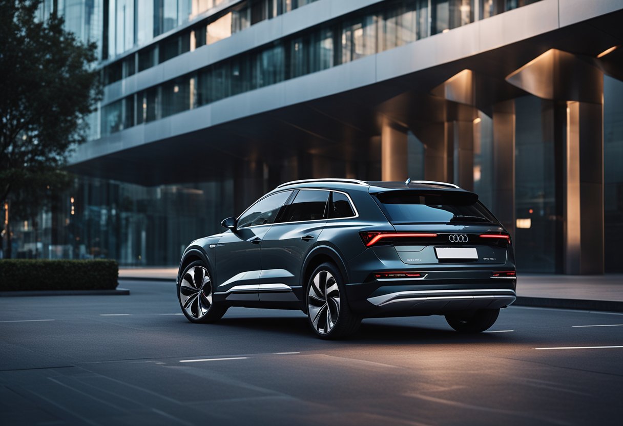 A sleek Audi e-tron parked in a futuristic, urban setting, surrounded by glowing technology and innovative design elements