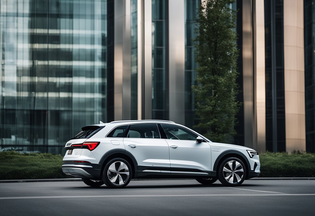 The Audi e-tron sits in a bustling urban setting, surrounded by modern architecture and green spaces, showcasing its environmental impact and electrified power