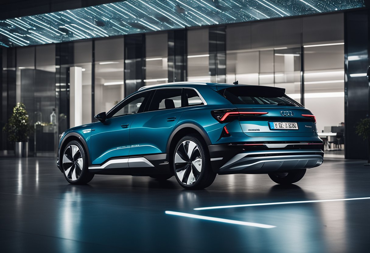 The Audi e-tron sits sleek and powerful, surrounded by futuristic electric charging stations. The German tuning houses' logos adorn the scene, showcasing their electrifying modifications