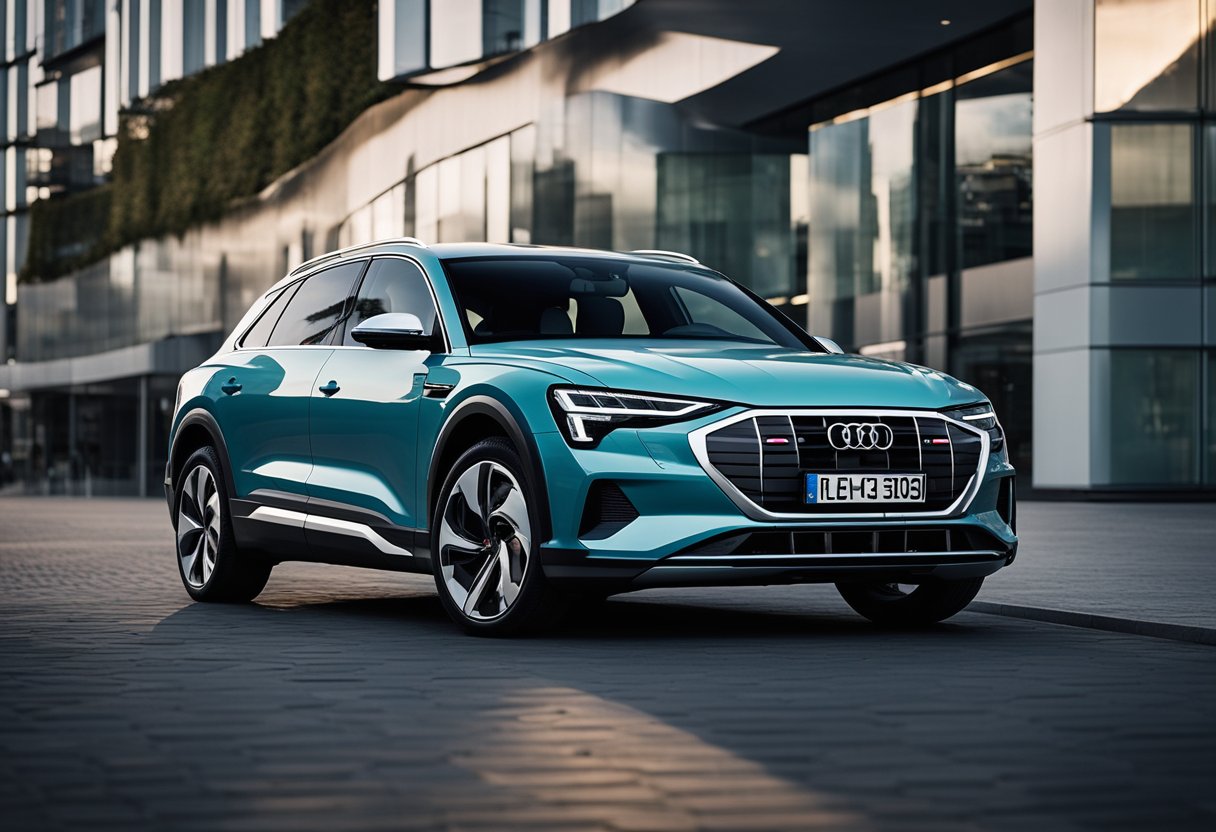 A sleek Audi e-tron parked in front of a futuristic German tuning house, surrounded by electric charging stations and high-tech equipment