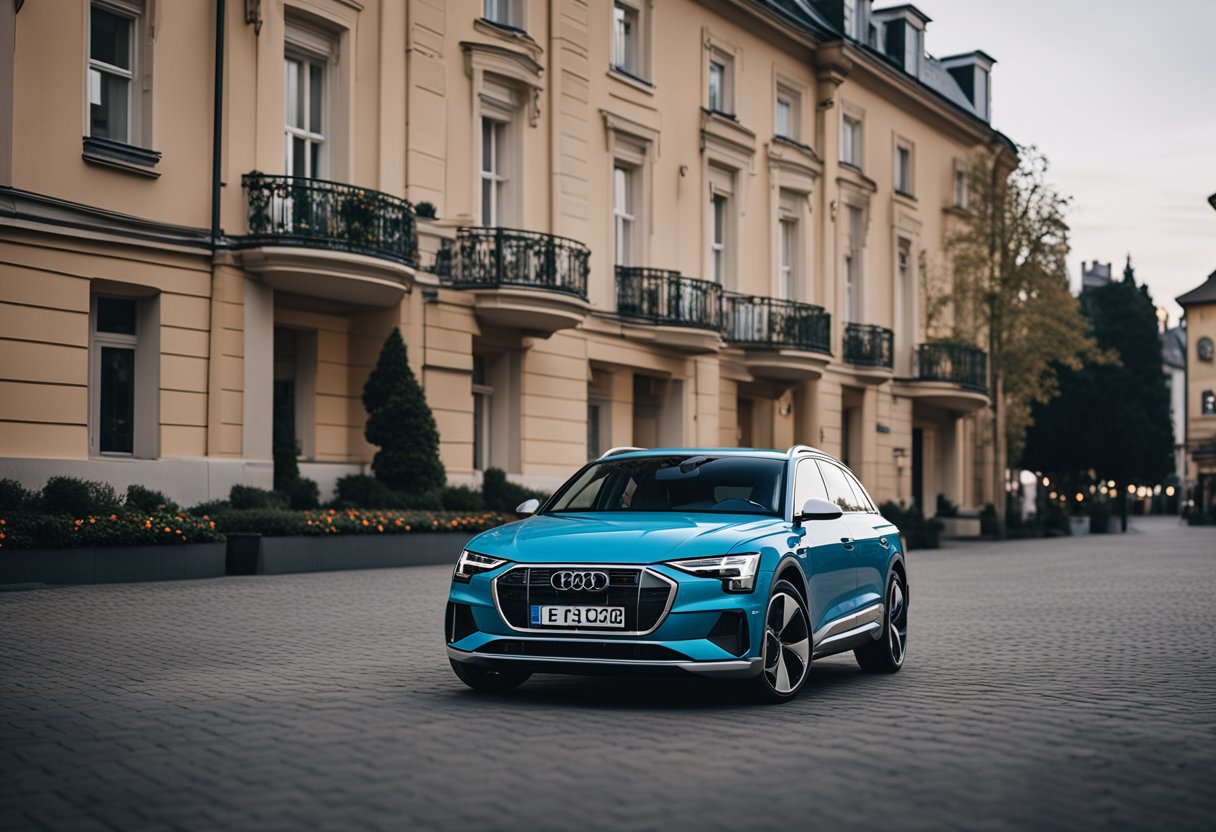 An Audi e-tron surrounded by German tuning houses, with electric elements amplifying the scene