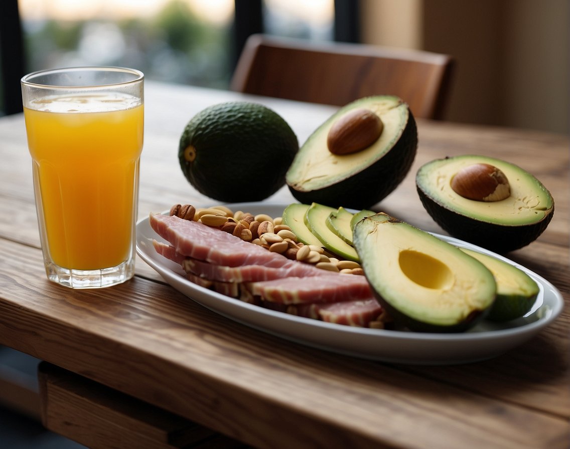A table set with high-fat, low-carb foods. Avocados, nuts, and lean meats displayed. A sports drink with electrolytes sits nearby