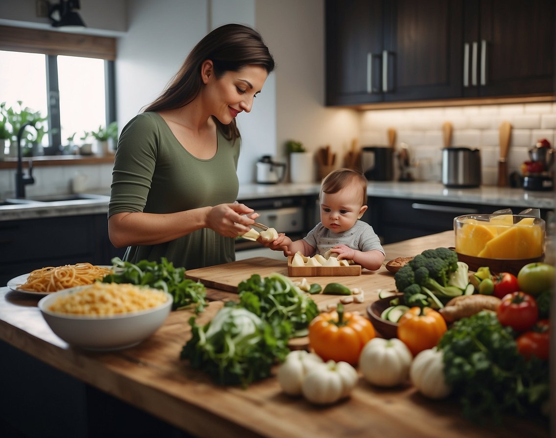 A mother prepares keto-friendly meals while breastfeeding, surrounded by low-carb foods and a baby nursing nearby