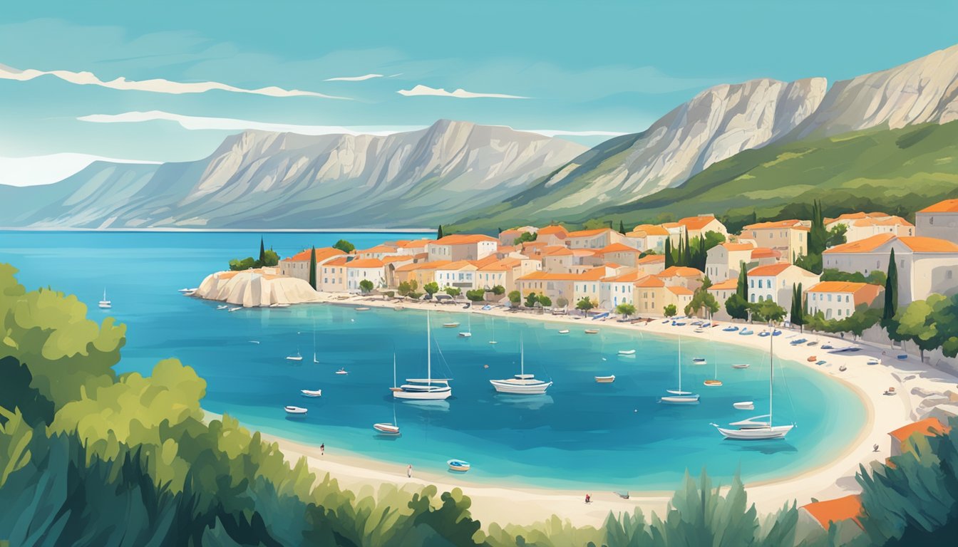 The picturesque Baška Voda, Croatia, with its crystal-clear waters, sandy beaches, and towering mountains