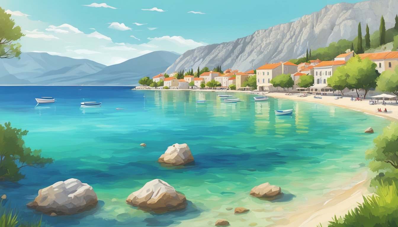 A picturesque view of Baška Voda, Croatia. Crystal-clear waters, sandy beaches, and lush greenery against a backdrop of rugged mountains