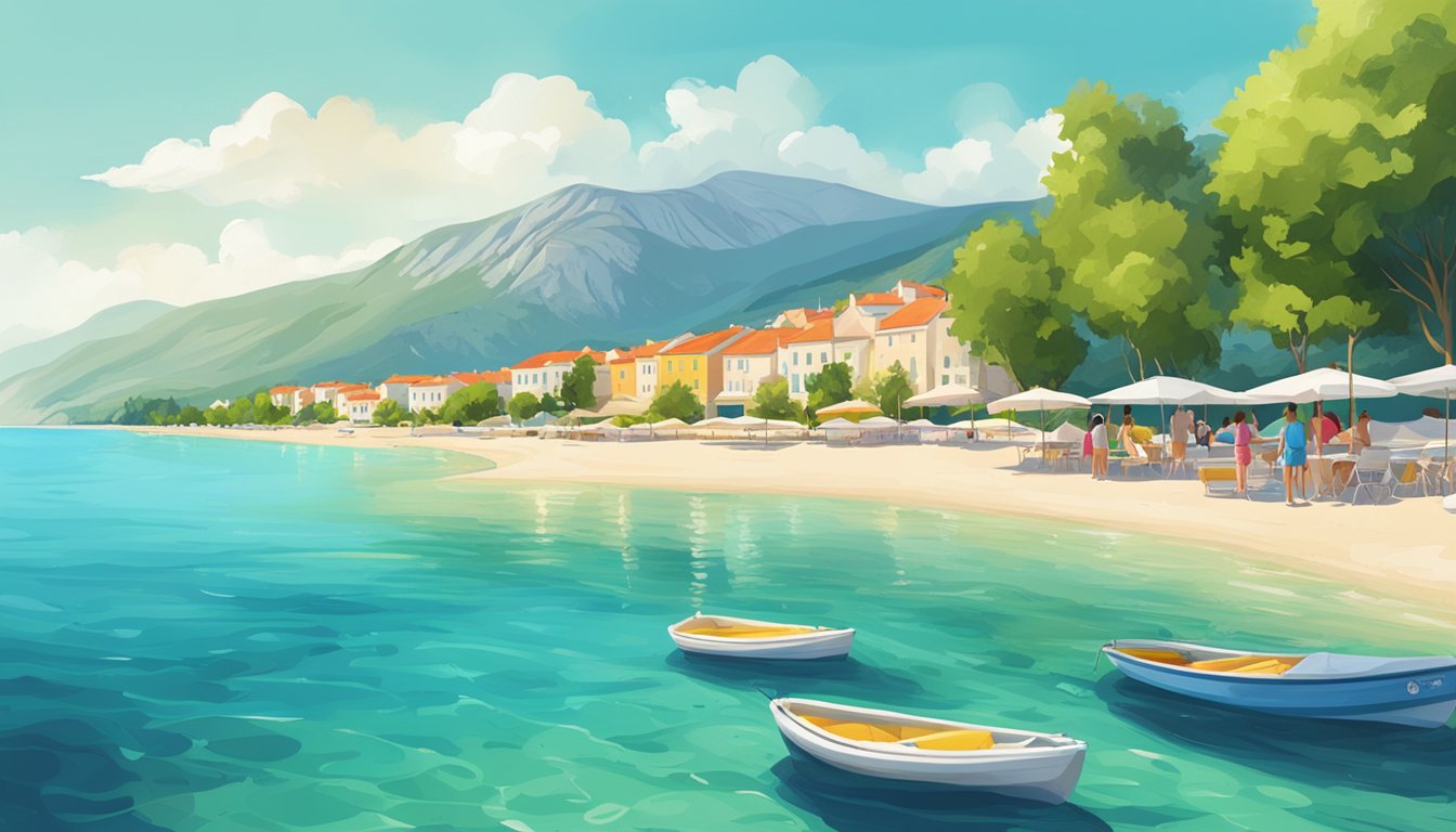 A sunny beach in Baška Voda, Croatia, with crystal-clear waters and lush green mountains in the background