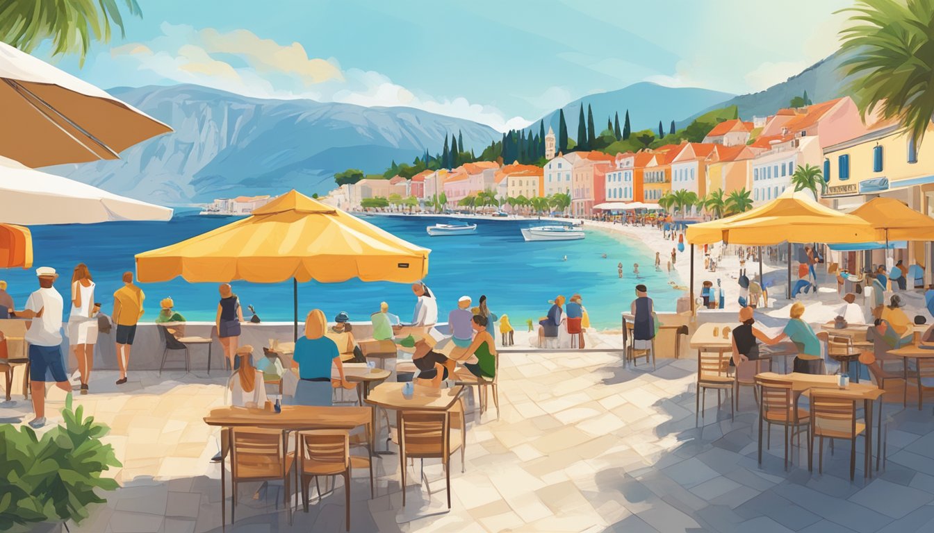 A bustling seaside promenade with colorful buildings, palm trees, and outdoor cafes overlooking the crystal-clear waters of Baška Voda, Croatia