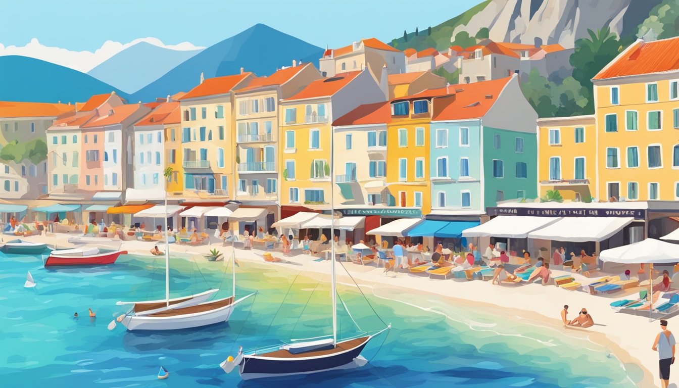 A bustling tourist destination in Baška Voda, Croatia. Sunbathers on pebble beaches, sailboats in the crystal-clear Adriatic Sea, and colorful buildings lining the promenade