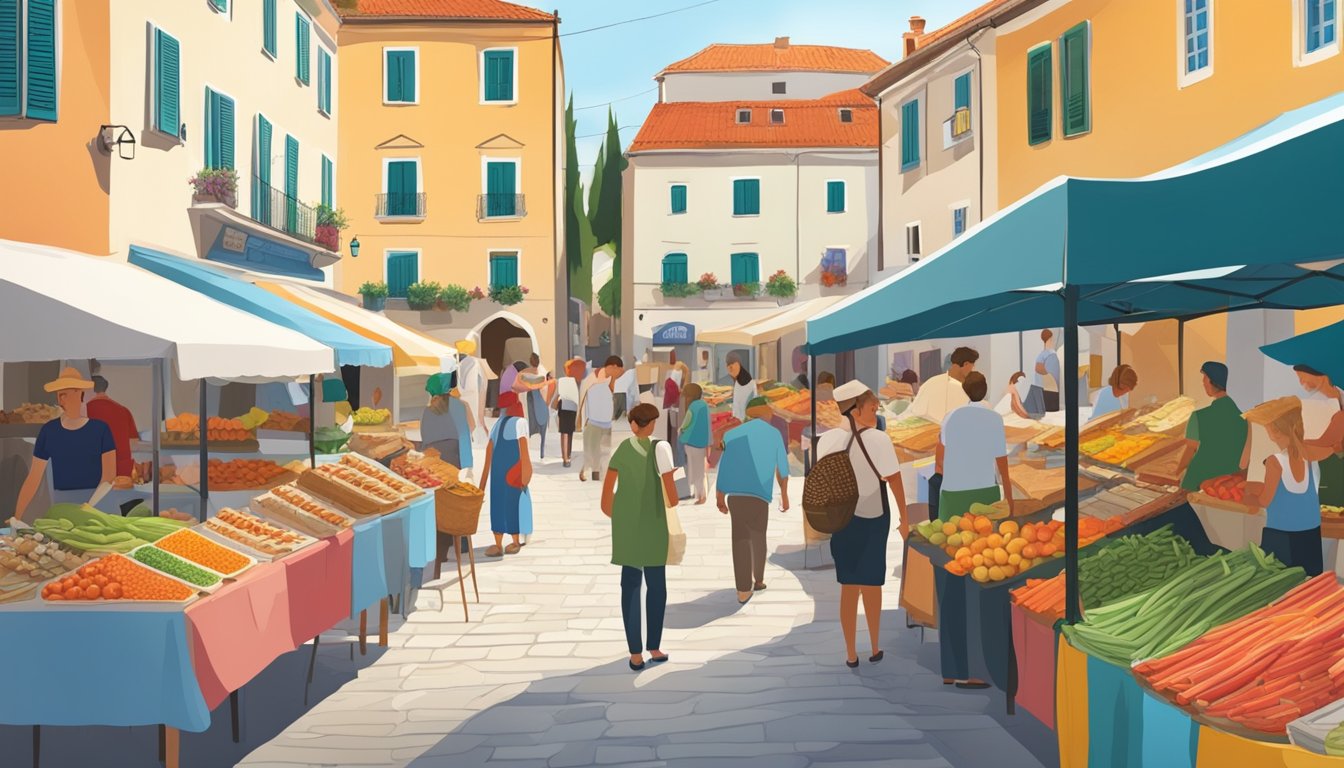 A bustling street market in Baška Voda, Croatia, with colorful stalls selling local delicacies and tourists sampling traditional cuisine