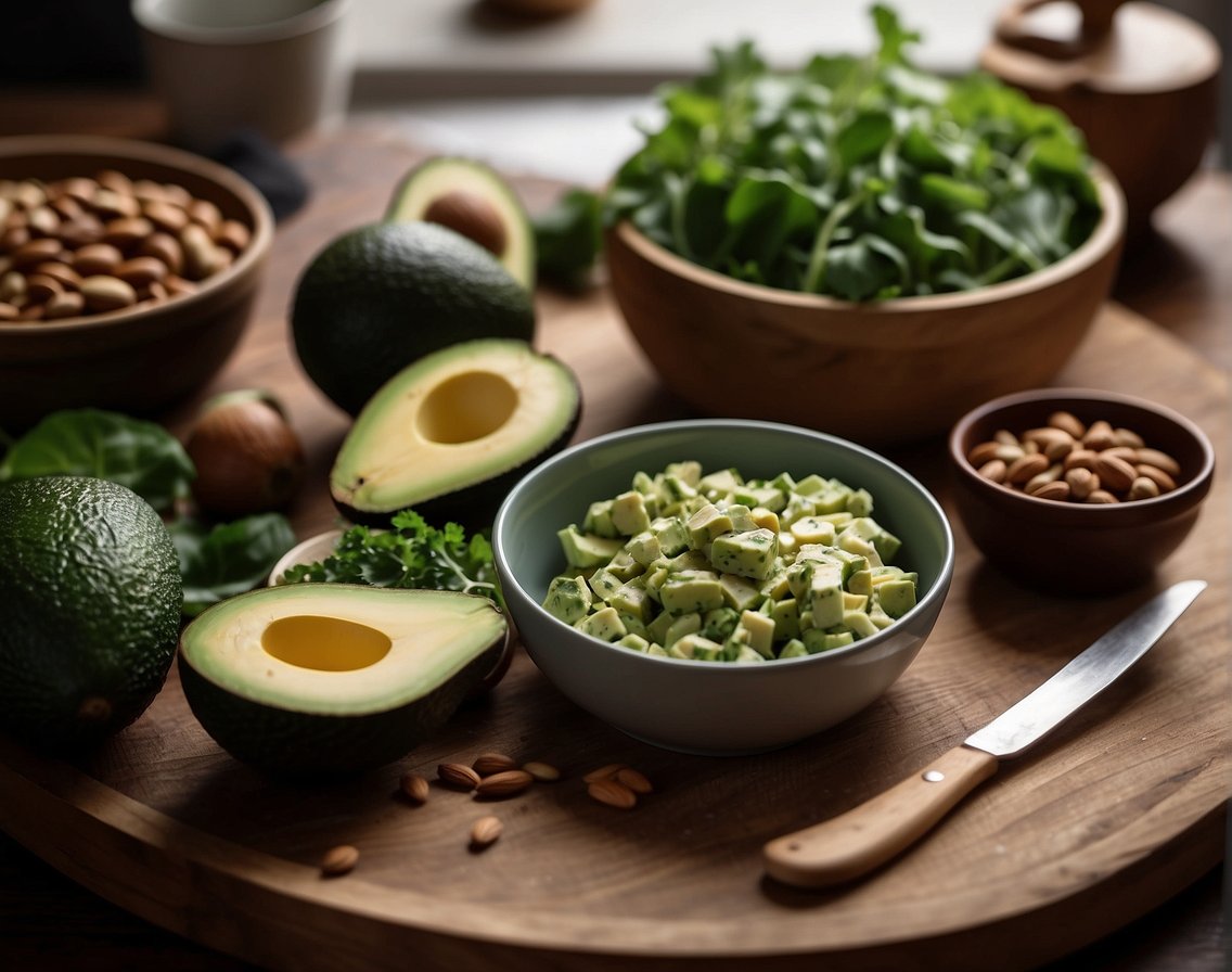A table filled with keto-friendly foods and ingredients, including avocados, nuts, leafy greens, and lean meats. A cookbook open to a page on ketogenic recipes sits nearby