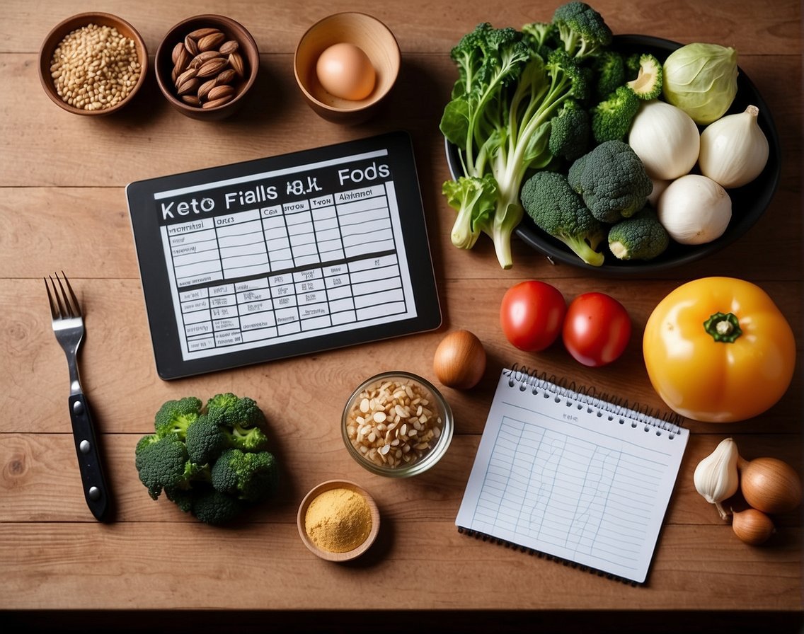 A table with various keto-friendly foods, including low-carb vegetables, healthy fats, and lean proteins. A measuring scale and a notebook with meal plans are also present