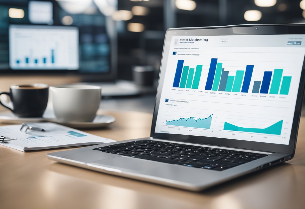 A laptop displaying an email marketing dashboard with charts and graphs, surrounded by a notebook, pen, and coffee mug