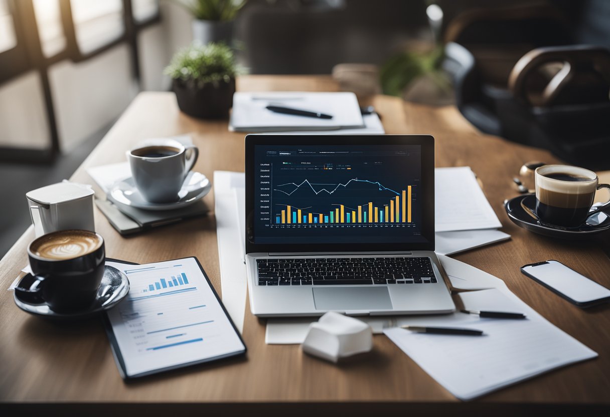 A laptop displaying email marketing analytics with graphs and charts, surrounded by a notepad, pen, and coffee cup