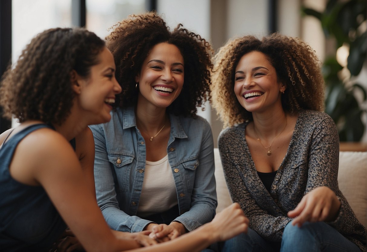 A group of women gather in a circle, engaged in conversation and laughter. A sense of wellness and community is evident as they bond over shared experiences