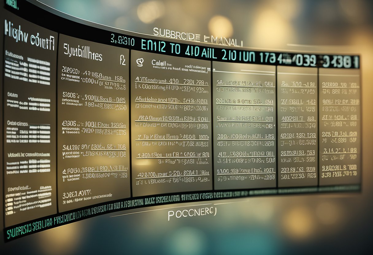 A computer screen showing a list of email addresses with a growing number count. A "subscribe" button and a "join our mailing list" call-to-action are visible