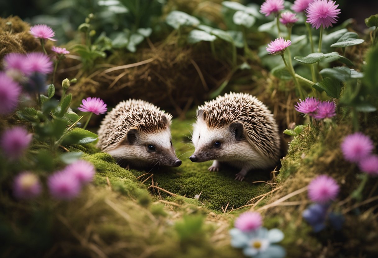 Two hedgehogs nestled in a cozy burrow, surrounded by lush greenery and soft bedding. They are peacefully cohabiting, snuggled together in harmony