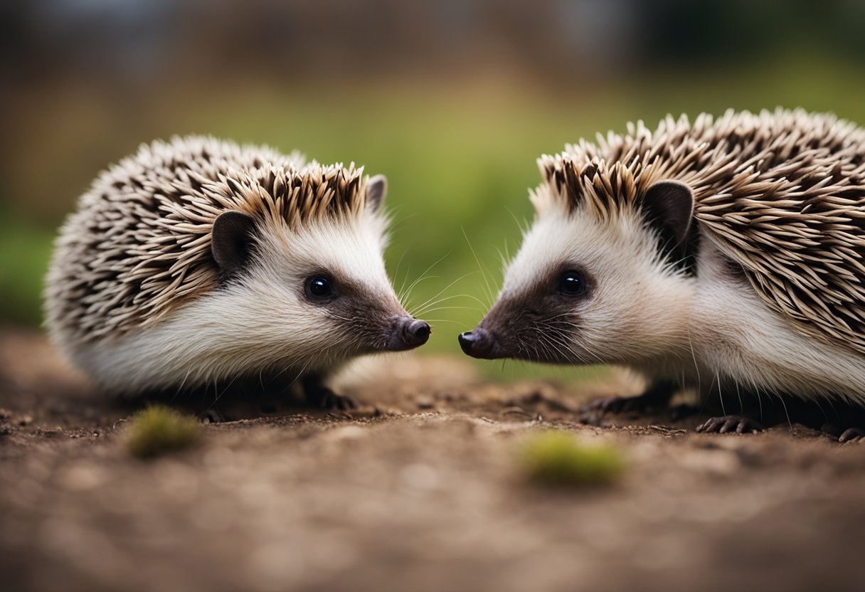 Two hedgehogs interact peacefully in a cozy, spacious enclosure, displaying compatible social behavior