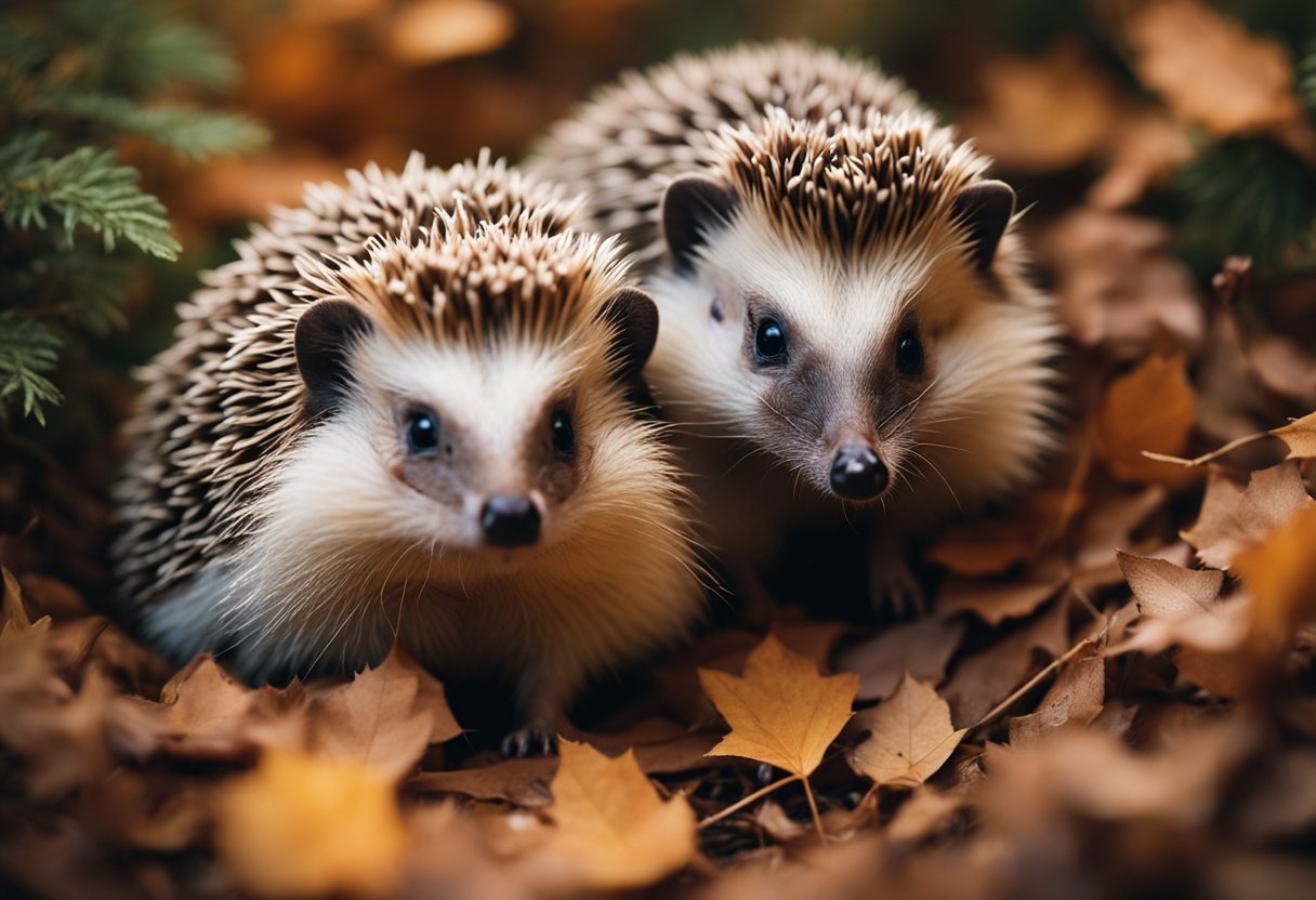 Two hedgehogs share a cozy burrow, nestled in a lush forest. They snuggle together, surrounded by fallen leaves and twigs