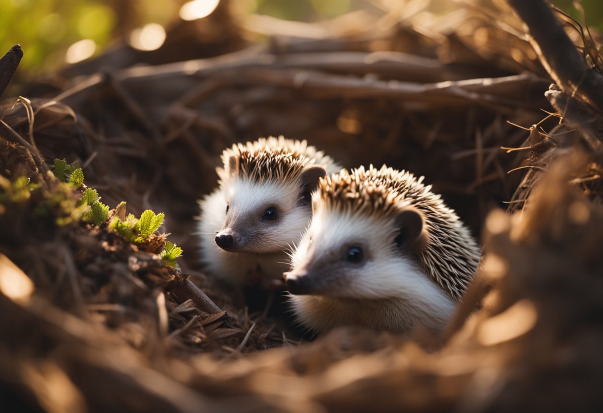 Two hedgehogs explore a cozy den filled with soft bedding and hiding spots. They nuzzle and play together, showing signs of contentment and companionship