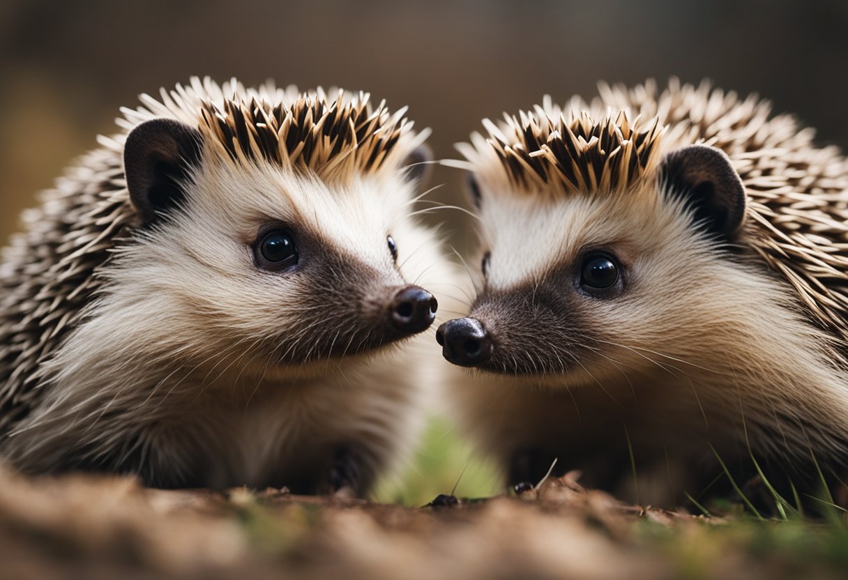 Two hedgehogs face each other, noses twitching. One appears cautious while the other seems curious. Their spines stand on end as they assess each other