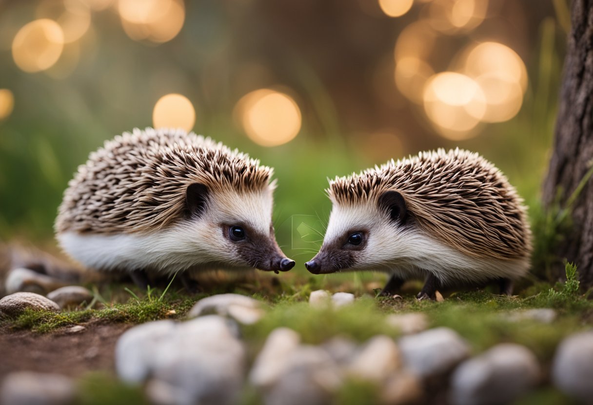 Two hedgehogs facing each other, with one slightly smaller, in a cozy and natural environment
