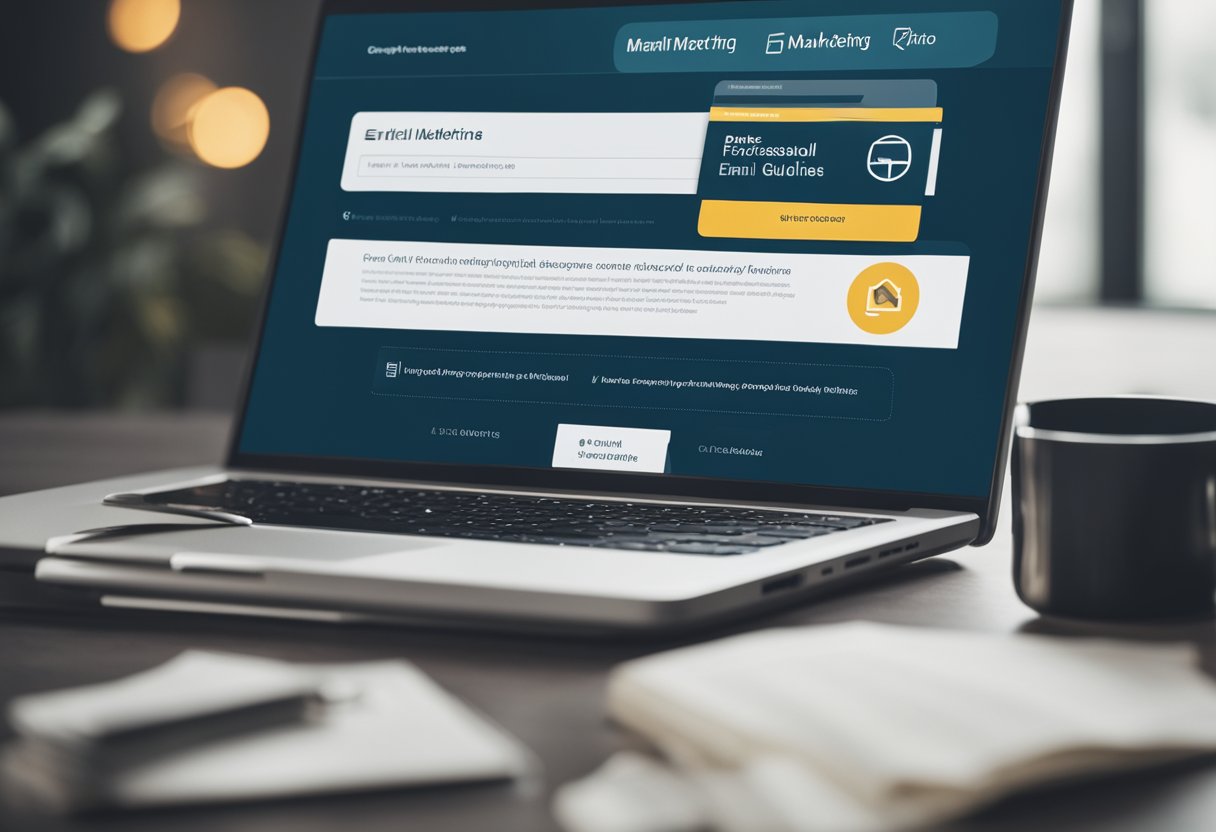 A laptop displaying an email marketing platform with a checklist of compliance and ethical guidelines. A stack of marketing books in the background
