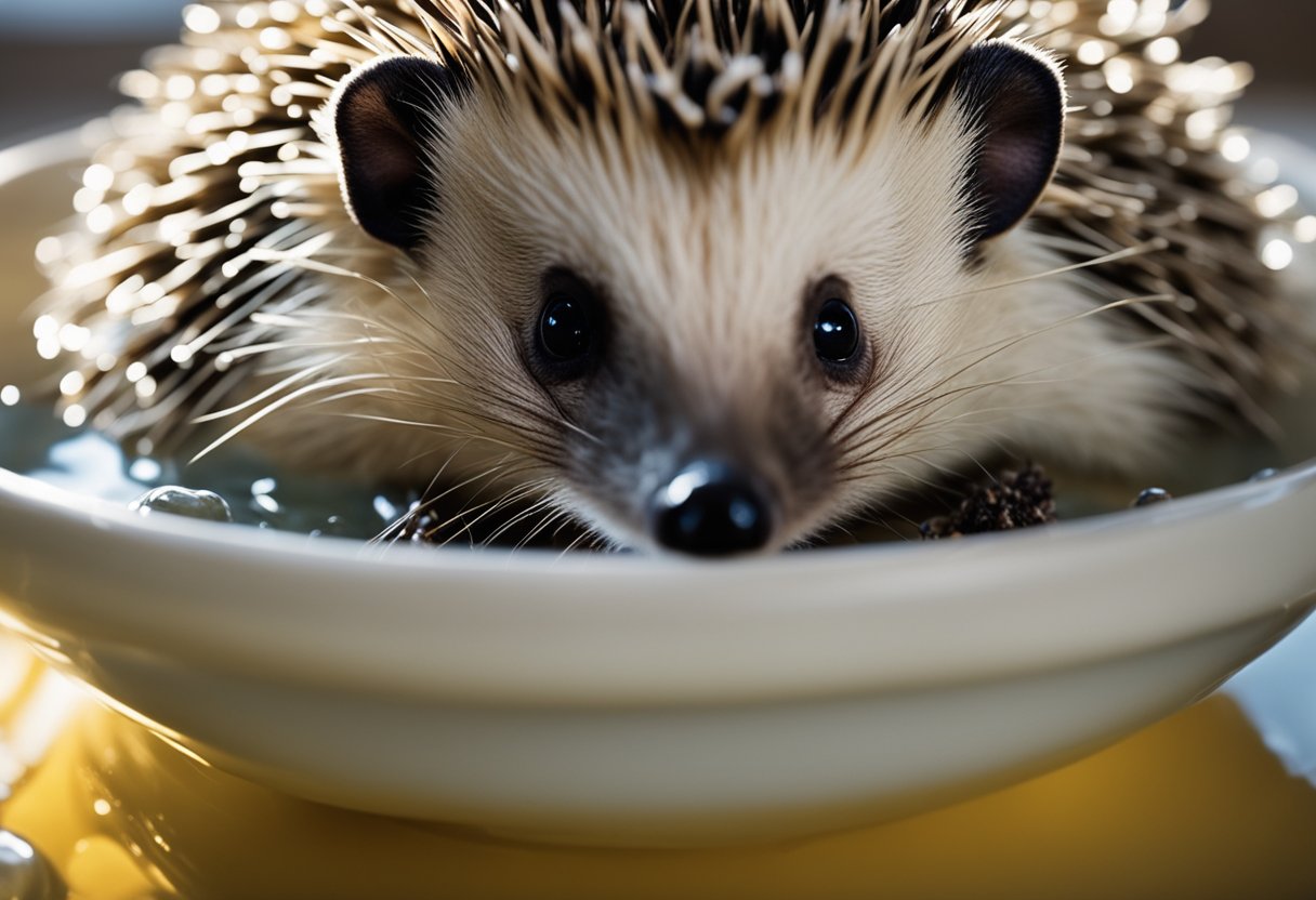 A hedgehog sits in a shallow bowl of water, surrounded by soap suds, with a concerned look on its face