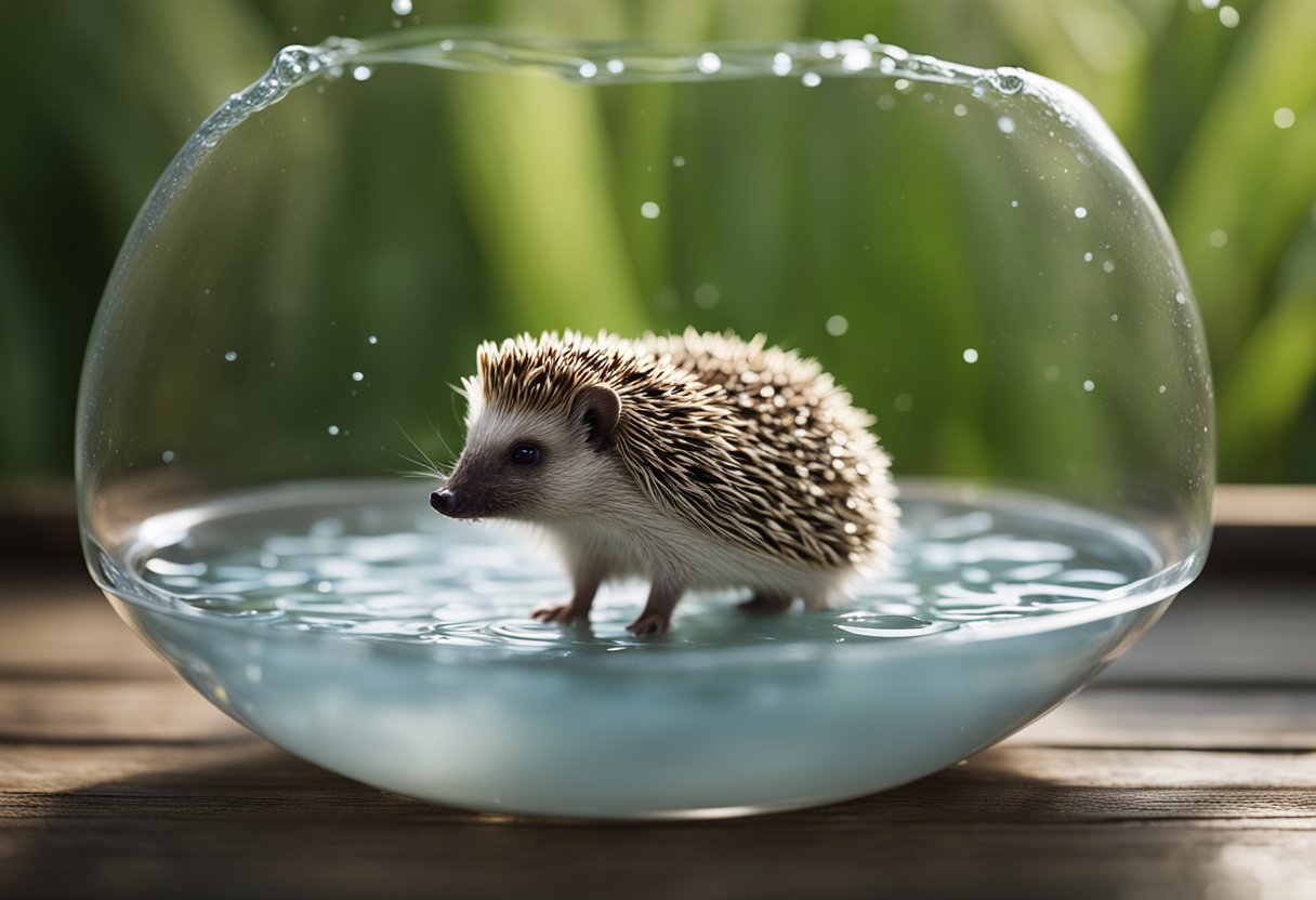 A hedgehog stands in a shallow bowl of water, using its front paws to scrub its quills. It looks content and clean