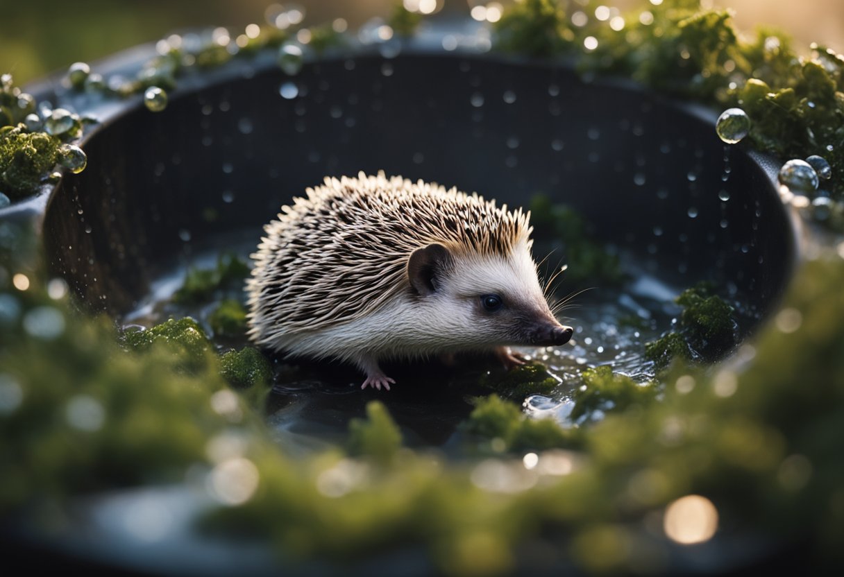 A hedgehog sits in a shallow tub, water droplets glistening on its spines. It looks content as it splashes and plays in the water