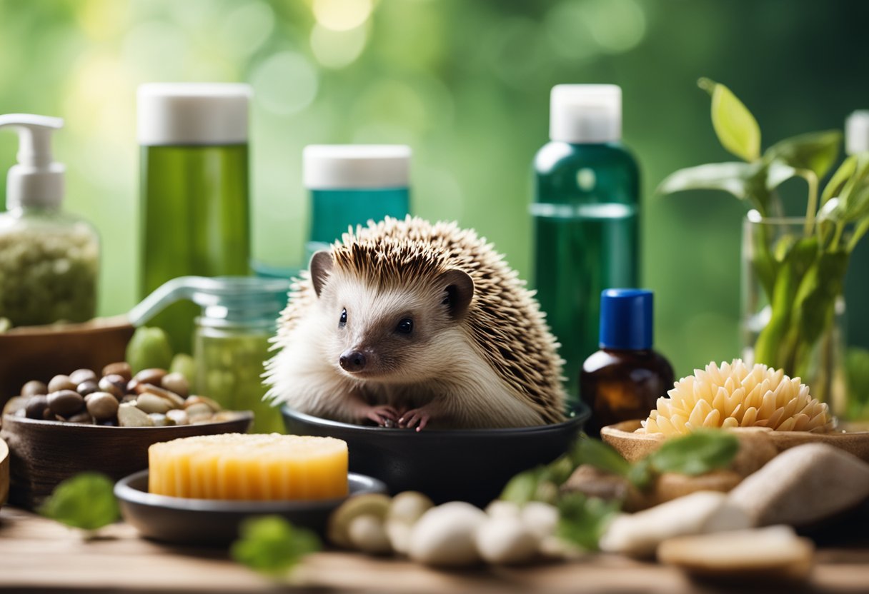 A hedgehog surrounded by various resources such as water, a shallow dish, gentle shampoo, and a soft brush for bathing
