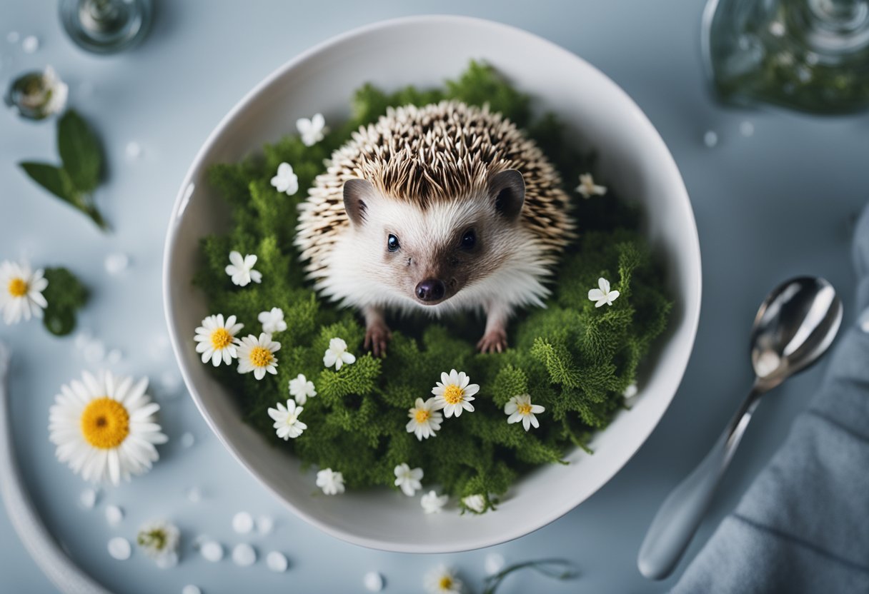 A hedgehog sits in a shallow bowl of water, surrounded by soap and a towel